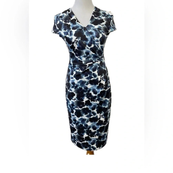 Alexia Admor blue and white floral cap sleeve side ruched dress small - Picture 2 of 10